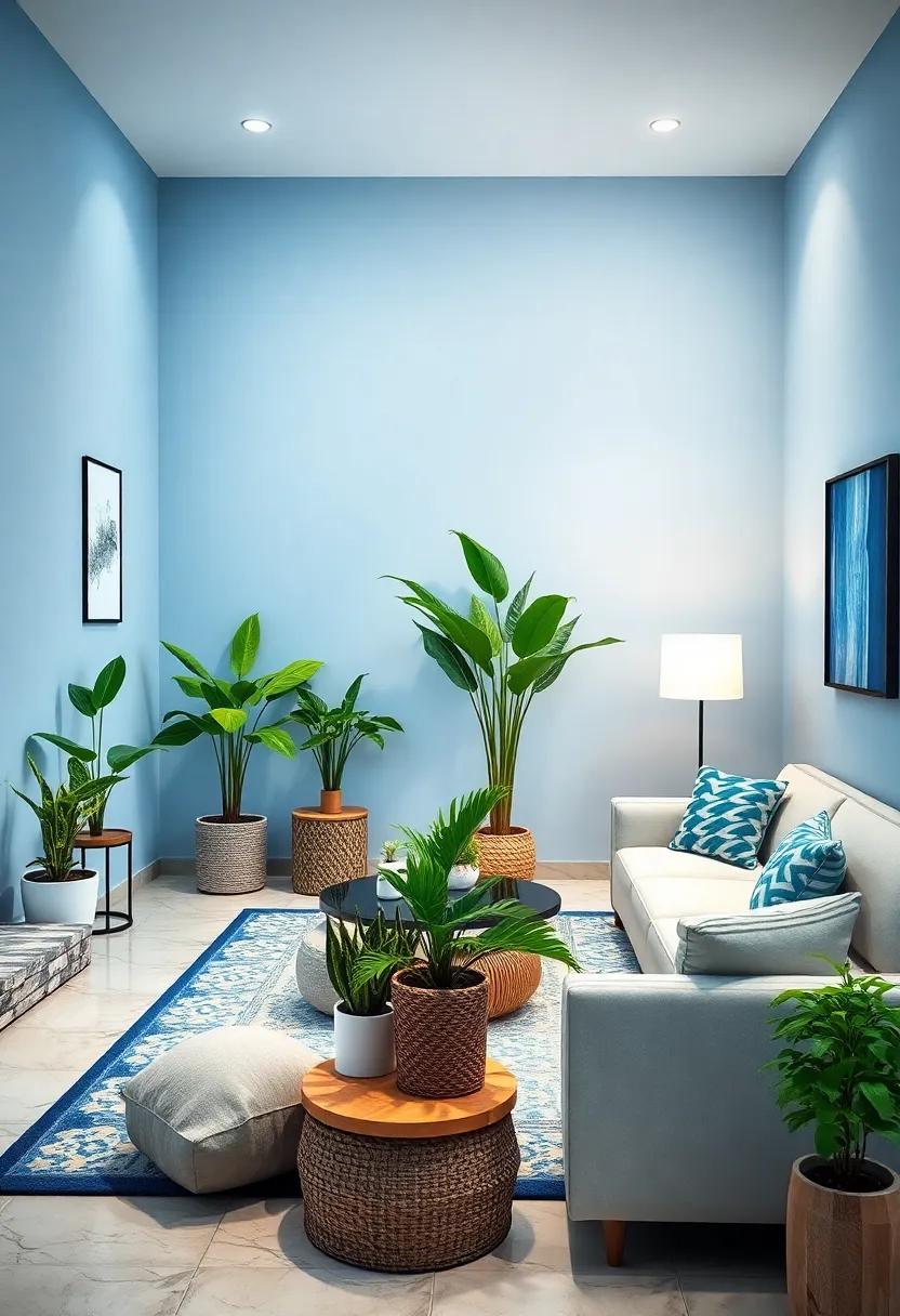 A Pop of Green: Balance the blue and white with natural greenery in ⁤the‌ form of potted plants, bringing life into the room