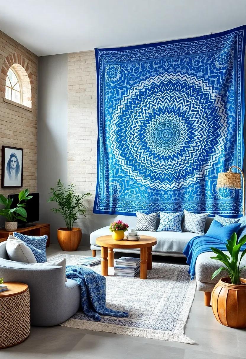 Blue Tapestry: Hang a ⁢large blue and white tapestry to add texture and a sense of bohemian flair to the room
