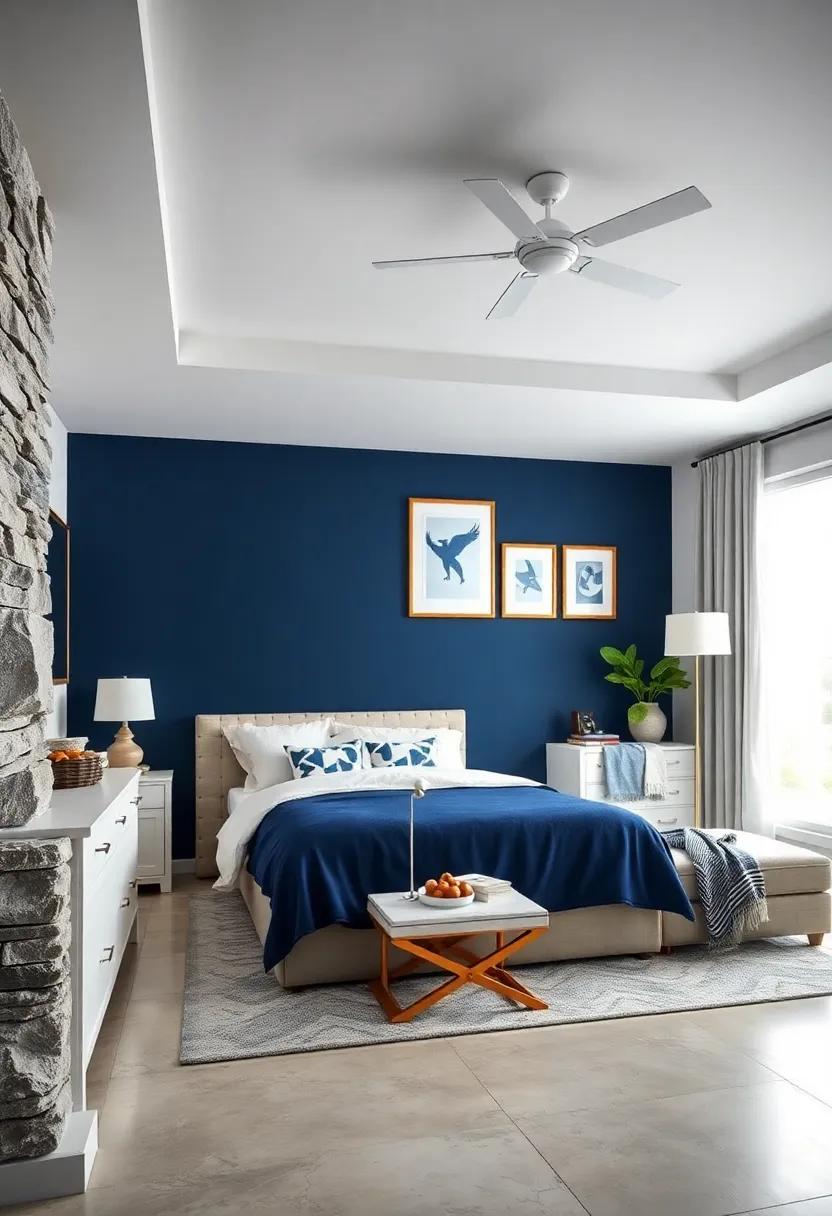 Statement Wall: paint one wall ⁣a bold navy blue and accessorize it with framed white art or nautical-themed decor for a striking focal point