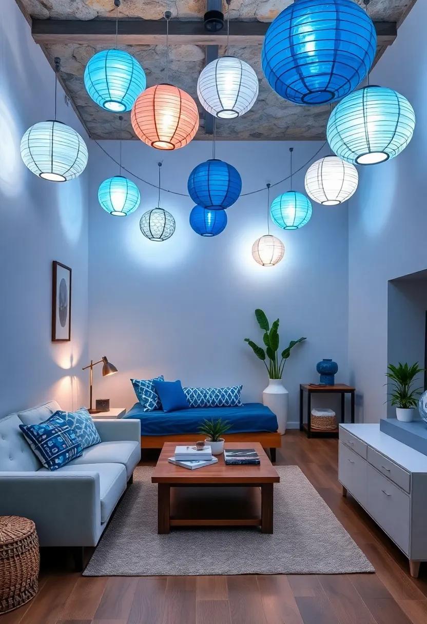 Ambient Lighting: Hang⁢ paper lanterns in varying‍ shades of blue for a soft, dreamy lighting effect during evening ‍hours