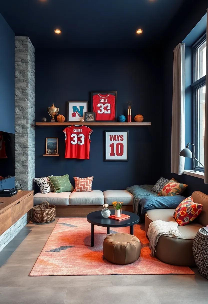 Sports ⁤Zone: Designate a ⁢corner for sports memorabilia or ⁤equipment, using floating⁣ shelves ⁣to⁤ showcase‌ trophies and⁢ framed jerseys against ⁢a dark blue backdrop