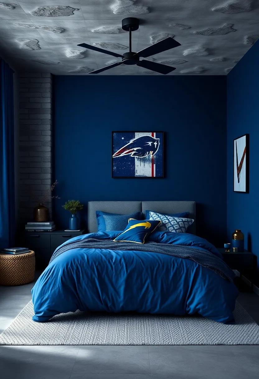 Sports Team Colors: Infuse​ team spirit ⁢with bedding and wall decor‍ that incorporate the colors of your favorite sports ‌team alongside the dark ⁢blue theme