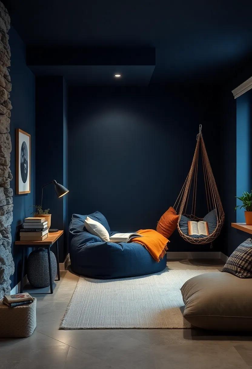 Cozy⁤ Reading⁣ Nook: ​Create a reading ⁣corner with⁣ a bean bag‌ chair or a hammock⁣ chair, perfect⁣ for curling up with a⁣ book in ⁤a ​calm,​ dark blue⁤ setting