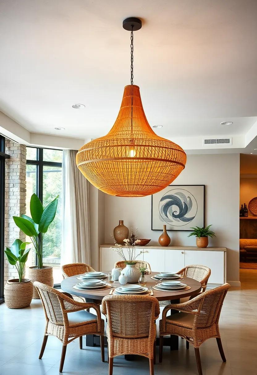 Boho Chic: A woven rattan chandelier that​ introduces a laid-back, bohemian vibe to ‍your dining area, perfect for ​creating a cozy atmosphere