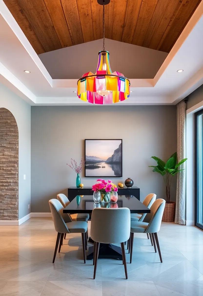 Playful ⁤Pop of Color: ⁢Infuse joy​ into ‌your dining space ⁤with a vibrant chandelier ⁣adorned ‍in colorful glass or fabric ‍that adds a fun ⁢twist without compromising style