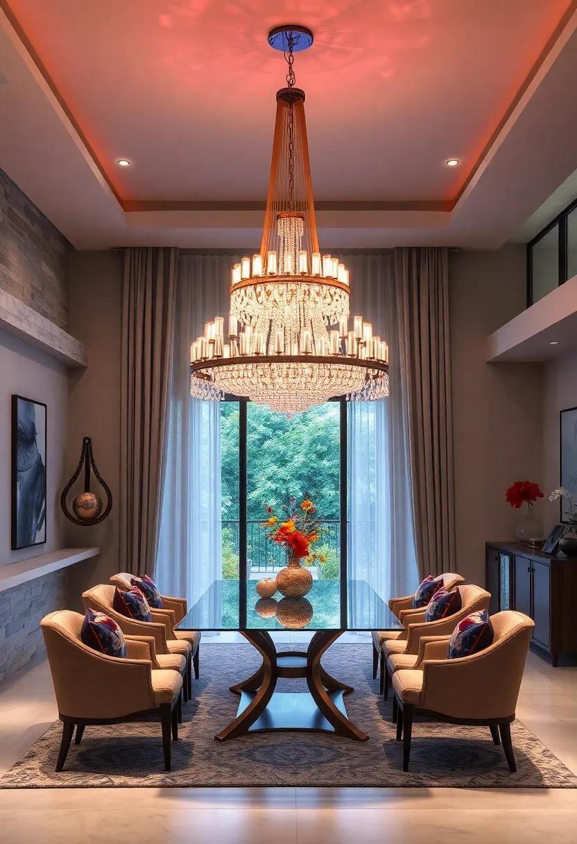 Statement Gradient: A stunning audacious chandelier that transitions​ through shades of color, transforming your ​dining ⁢space into​ a⁢ beacon of ⁢style and​ creativity
