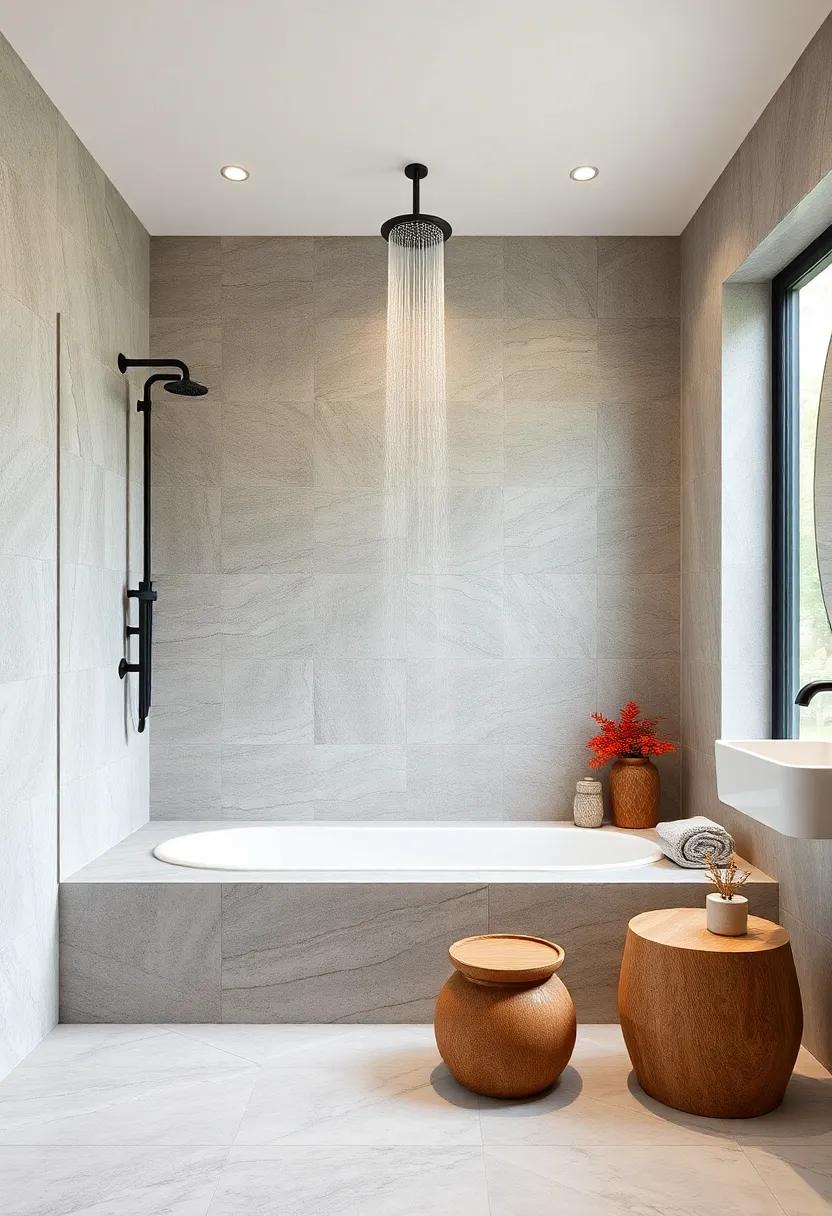 Install a ⁣rainfall showerhead above a‍ stone bench, emphasizing the⁢ tranquil experience ⁤of ⁤showering⁤ beneath‍ natural materials