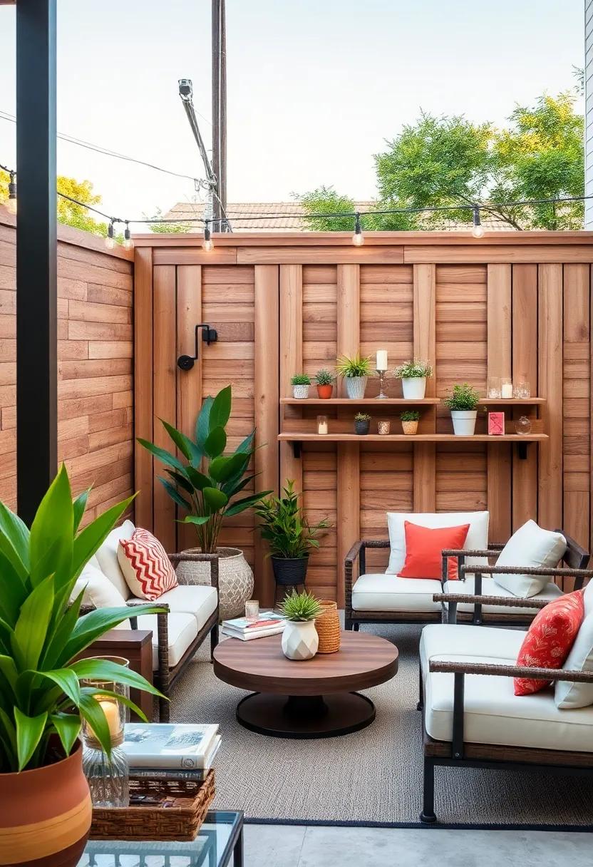 Floating Shelves for Decor: Attach floating shelves to​ the fence to showcase plants, candles, or small decorative items for added charm