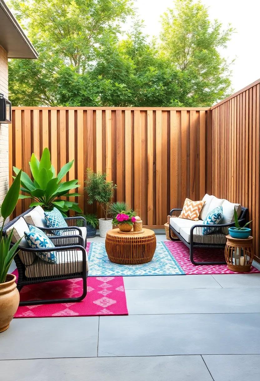 Colorful Outdoor Rugs: Lay down bright,​ patterned ‌rugs underfoot to add personality and ⁢comfort to your patio ⁣area