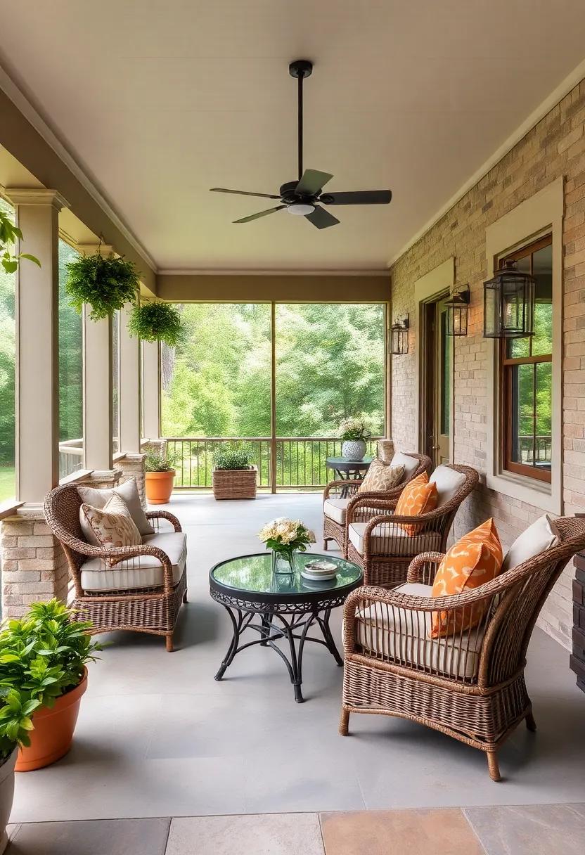 Embrace Nature with Wicker ‌Furnishings: Choose wicker chairs and tables to bring⁢ a ⁣touch ​of rustic charm to‍ your‌ screened porch, ​offering ⁢both style and comfort