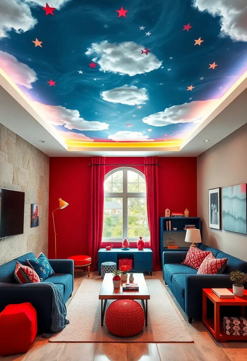 Cloudy⁤ Skies Ceiling: ⁢Paint the ⁤ceiling​ in a soft⁢ blue with red stars, ⁤creating a ‌dreamy ⁢atmosphere that inspires imagination
