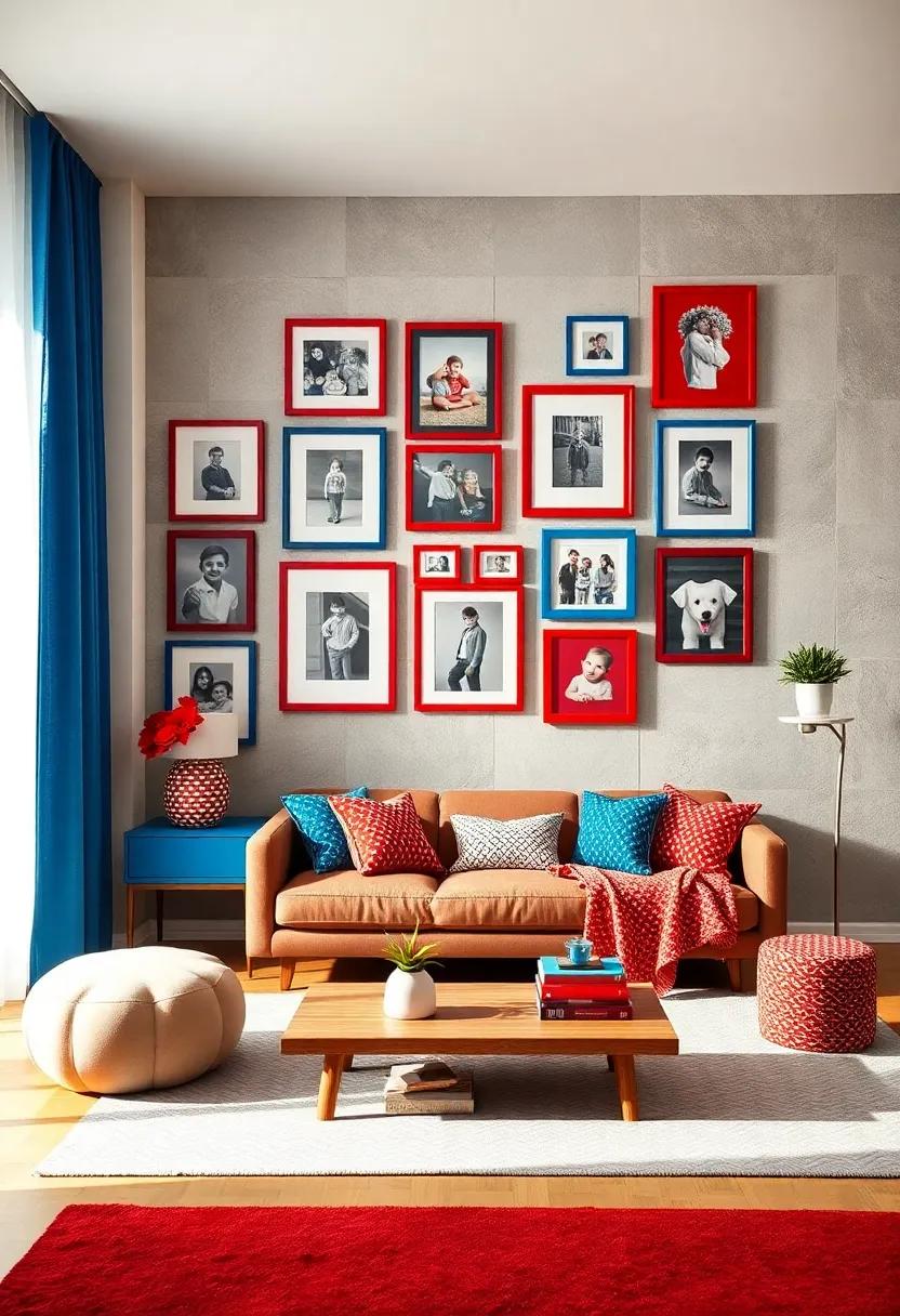 Picture-Perfect Gallery: Create a gallery wall filled ‌with framed⁢ photos and art in red and blue frames to showcase cherished memories