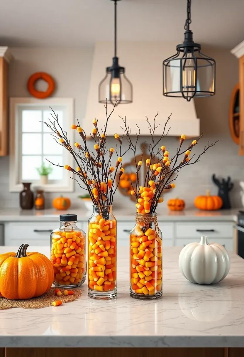 Candy Corn‌ Vases: Fill clear vases with layers of candy corn to serve as vibrant,‍ eye-catching‌ decor while also stocking ‌up on treats for guests