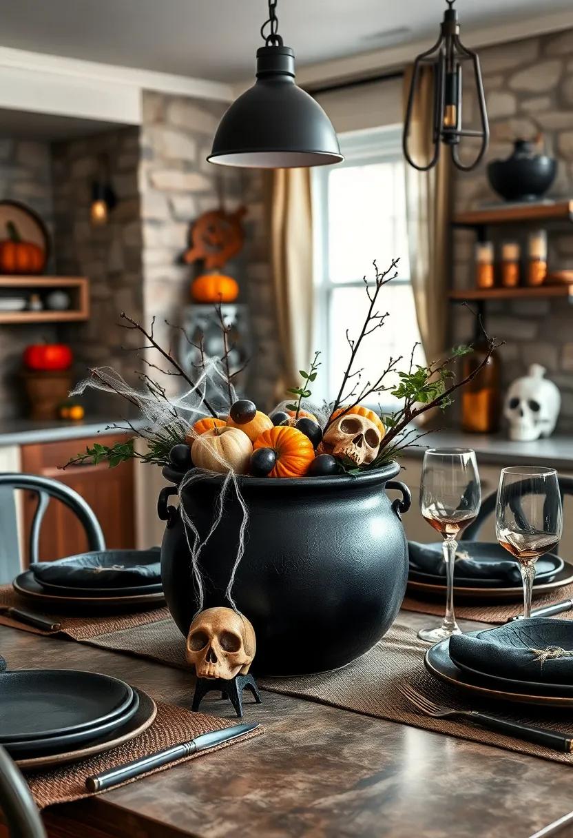 Creepy‍ Cauldron Centerpiece: Use a black cauldron as a stunning centerpiece filled with seasonal fruits, faux cobwebs, and miniature skulls to add a mystical touch to your dining table