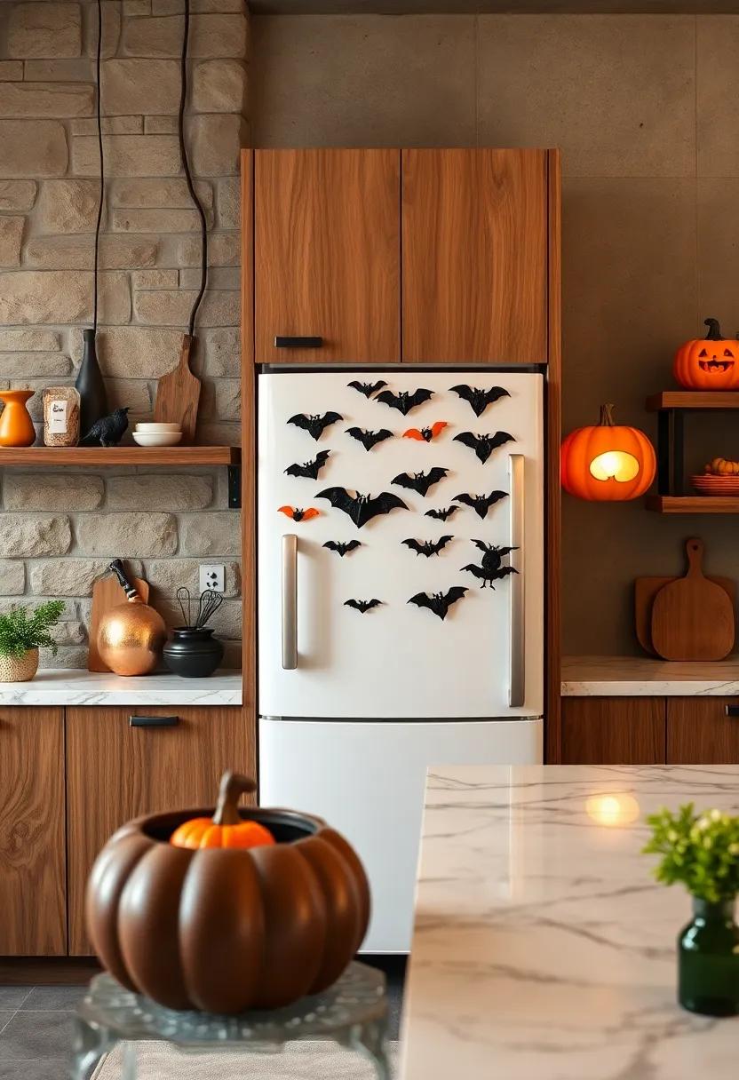 Frightening Fridge Magnets: Adorn your fridge with a variety of Halloween-themed magnets, such as bats, witches, or spiders, for a playful touch that guests will love