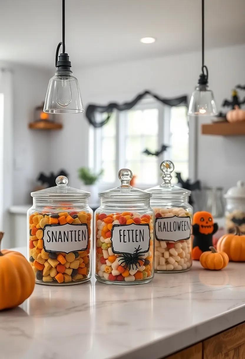 Ghoulish Glass Canisters: Use glass canisters‌ filled with Halloween candies or snacks, topped with ‌cute, ghoulish labels for​ a festive and organized treat display