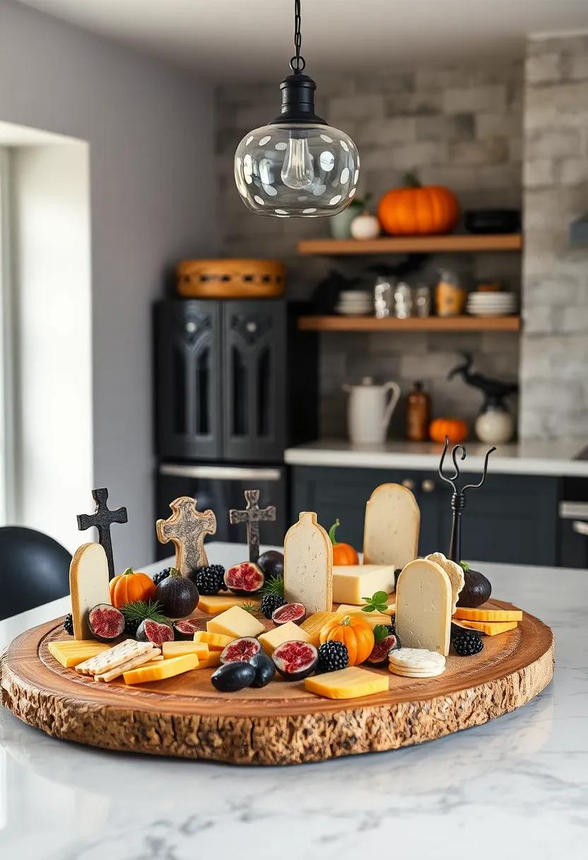 Graveyard Cheeseboard: Create a cheeseboard arrangement ⁣that resembles a graveyard using dark cheeses, crackers as ⁣gravestones, and figs ​to replicate spooky elements