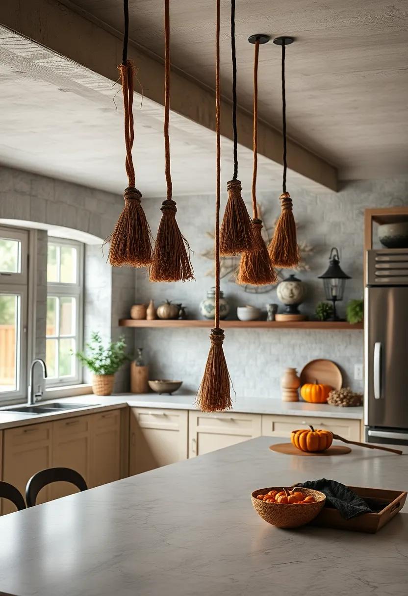 Haunted Hanging Brooms: Hang small brooms from your kitchen ceiling to evoke an enchanting witch's ‍lair,perfect for creating an authentic Halloween vibe