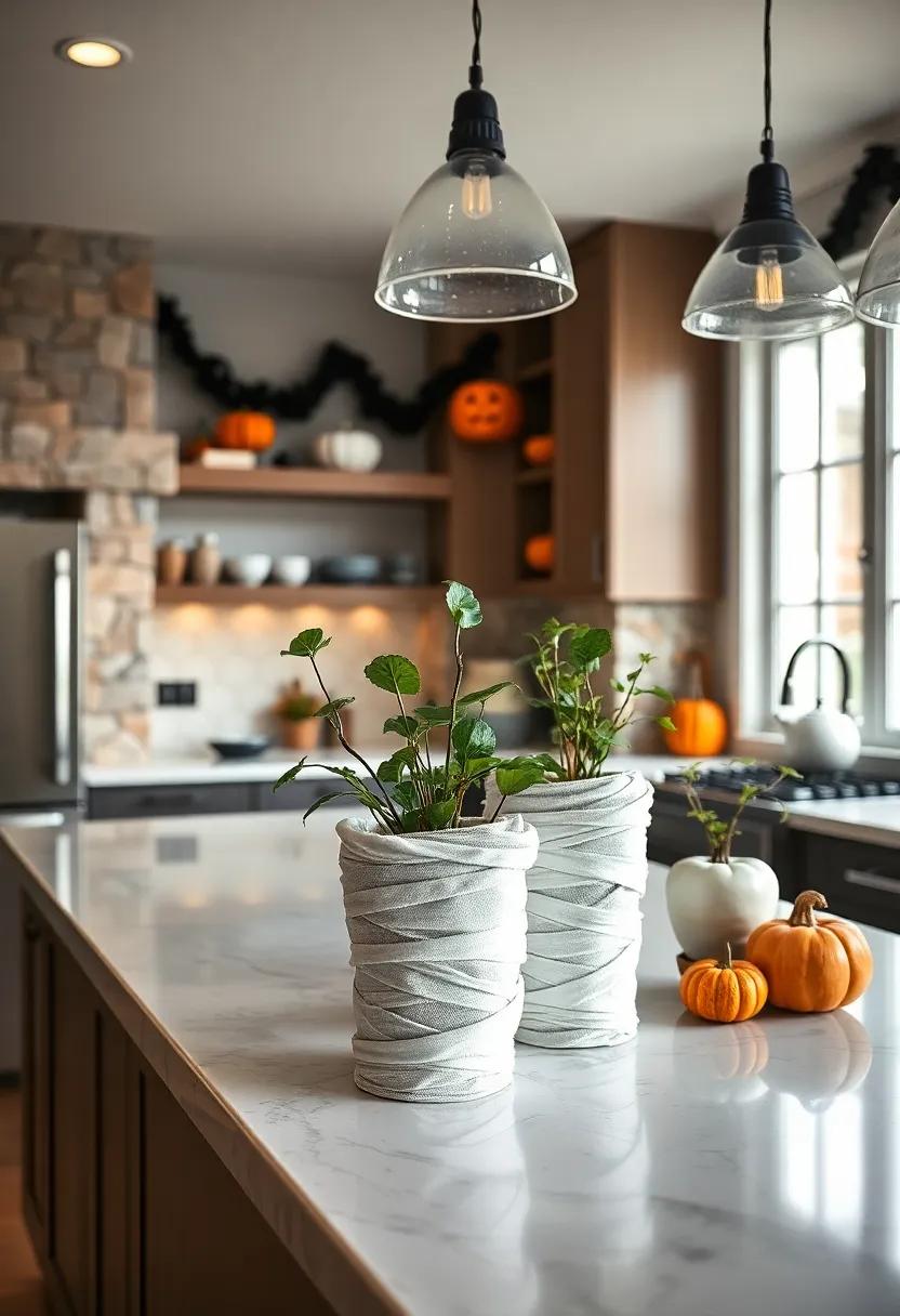 Mummy-Made Pots: Wrap potted plants in gauzy white fabric to craft adorable ​mummy planters,adding life and spookiness to ⁢your countertops