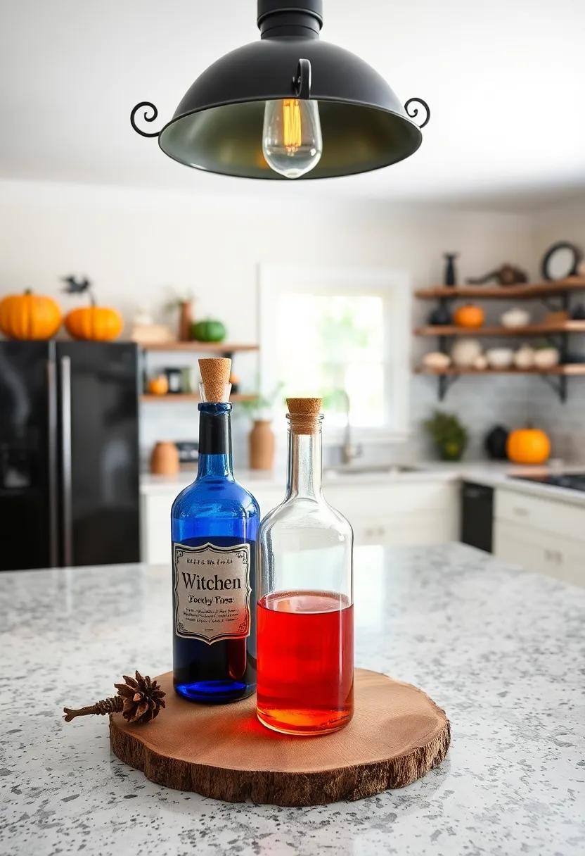 potion ​Bottle ‌Decor: repurpose old bottles​ by labeling them as “witch’s potions” and‌ filling them with colorful liquids to act as both decor and conversation starters