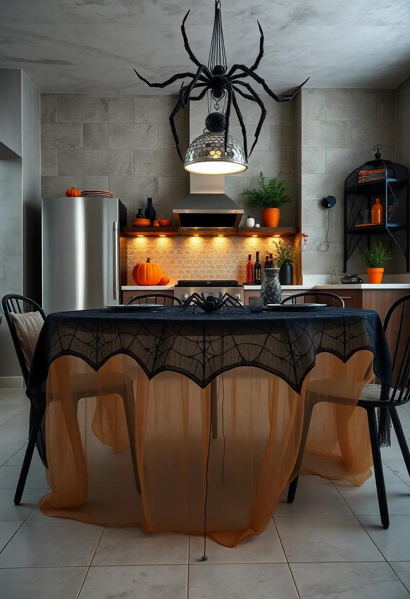Spider Web ‌Tablecloth: Drape a sheer ​black tablecloth over your kitchen table ⁣and layer ​it with decorative spiders for a chilling yet stylish dining experience