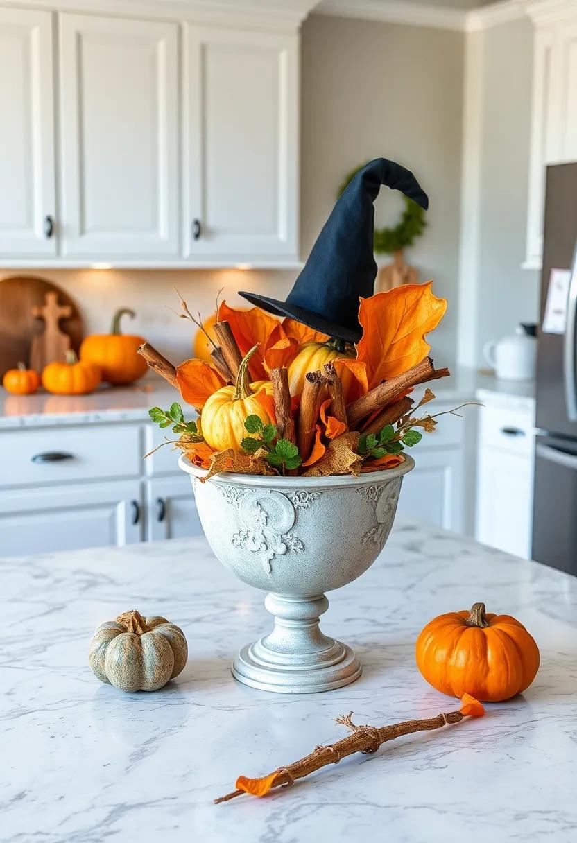 Witch’s Brew Potpourri: Create a Halloween potpourri blend of dried pumpkin skins,cinnamon sticks,and orange peels,displayed in a charming bowl to fill your kitchen with seasonal scents
