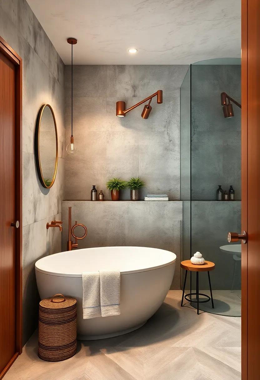 Embrace the Bold: A raw concrete wall paired with striking copper​ fixtures can create an audacious statement in your bathroom, blending grit with elegance