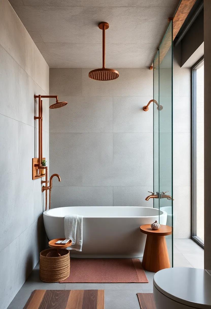 Shower⁢ Spaces: Design an open-concept shower with copper accents, from ‌the showerhead to‌ the waterproof ‍shelving, ensuring both functionality and style