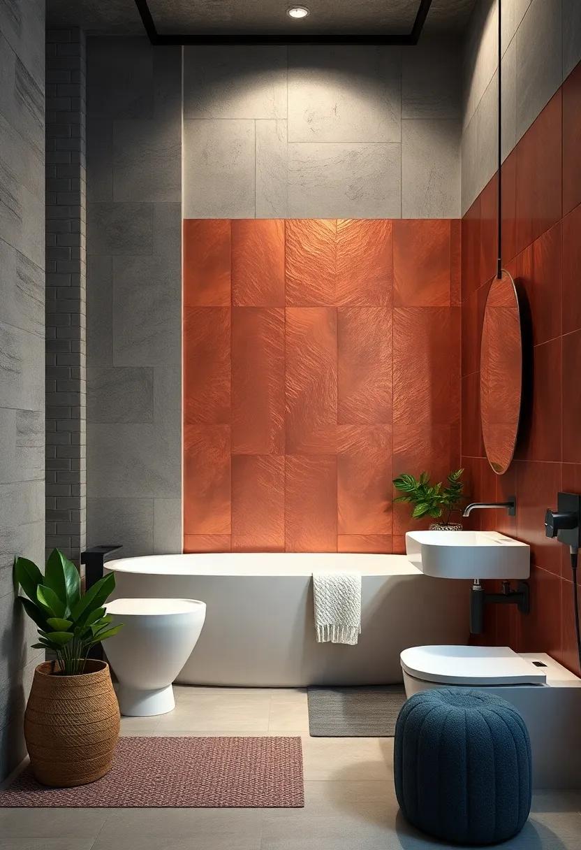 Textured Wall Panels: Use copper wall panels with various⁢ textures to create depth ‍and interest, presenting a unique backdrop for your bathroom space
