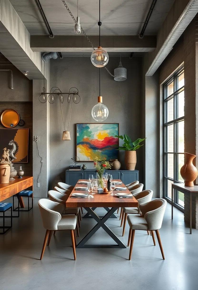 Artistic ‍Flair: Marvel at an ⁤artistic⁣ industrial ⁣dining room adorned with eclectic⁣ artwork and‍ sculptures that add personality and creativity to the space