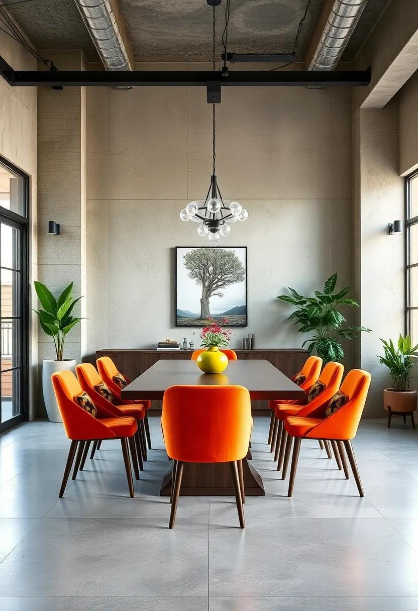Bold​ Color Pops: Find inspiration in a dining room that features a neutral base punctuated by bold accents, infusing energy into the industrial aesthetic