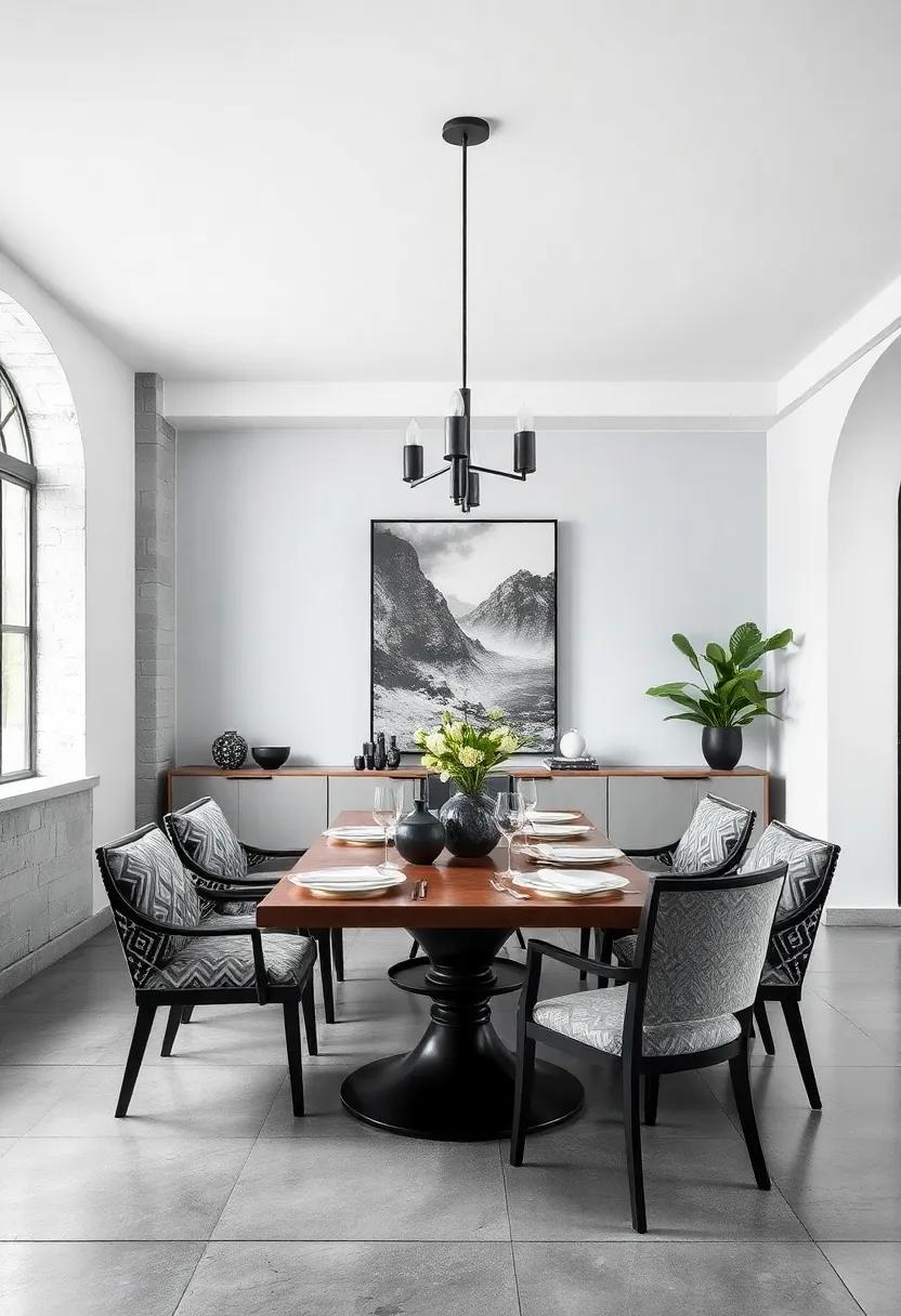 Monochrome Magic: Dive ⁣into a black-and-white‌ dining room where minimalist decor is ‌elevated by bold geometric patterns⁣ on upholstery and artwork