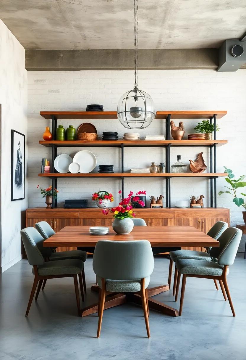 Open Shelving: Discover⁢ the beauty of open shelving in an industrial dining room, showcasing curated dishware and decorative items with style