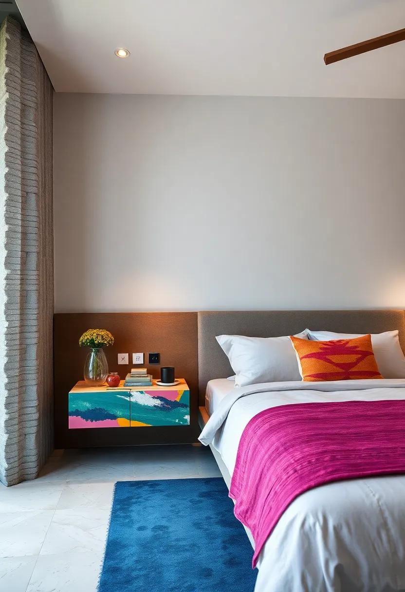 Artistic Flair: encounter a creative bedroom space with artisan-style floating nightstands painted with abstract designs,transforming the mundane into ‍an artistic expression