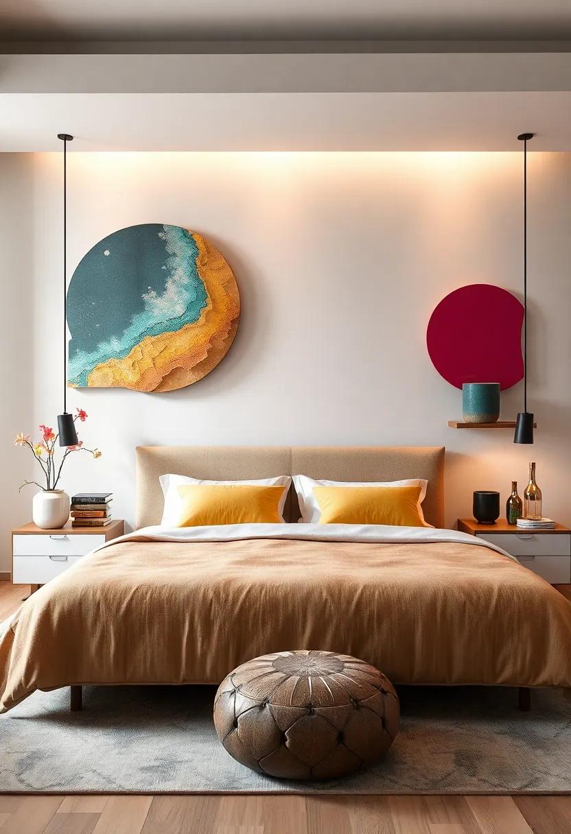 Artistic installations: ‌be inspired by floating nightstands that double as‌ wall art, integrating unique shapes and colors that enhance the bedroom's aesthetic