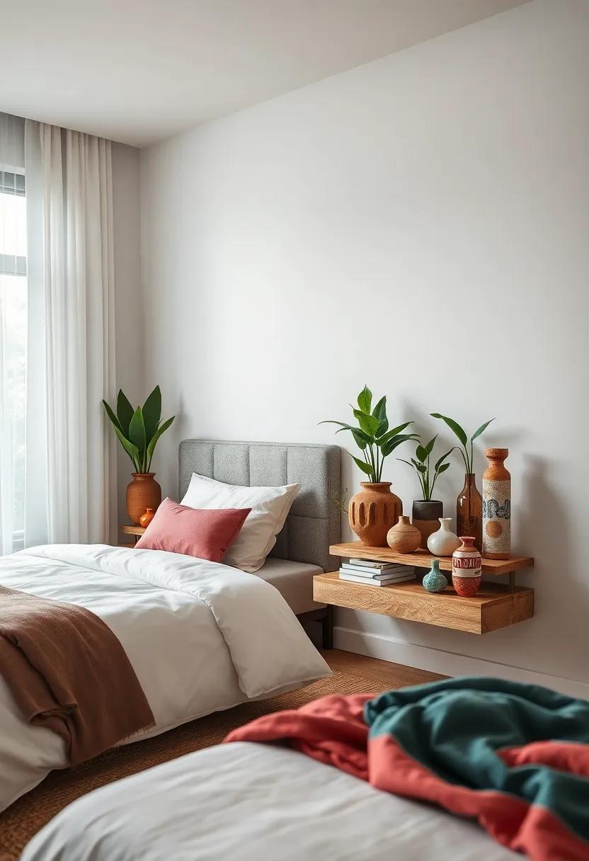 Bohemian Vibe: Immerse yourself in a free-spirited atmosphere with eclectic floating nightstands adorned with plants, handmade ceramics, and colorful textiles
