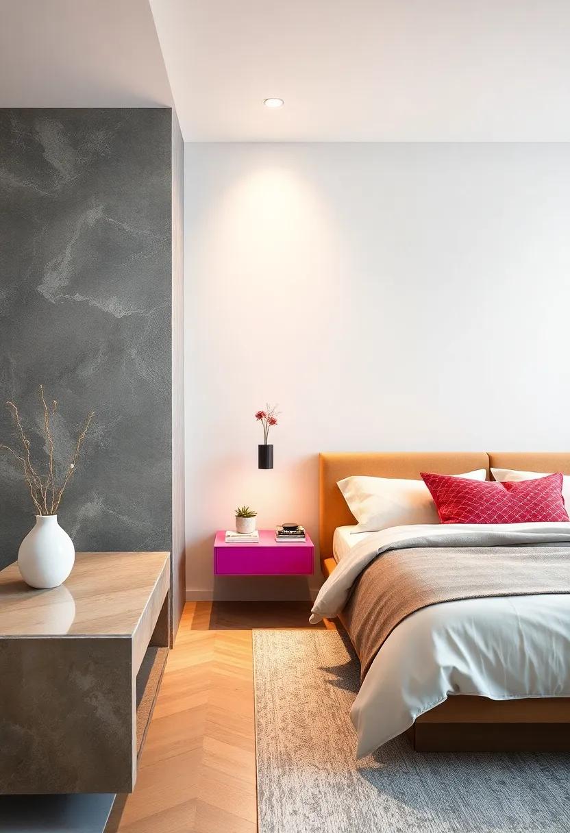 Bold Colors: Brighten your design ideas with a vibrant floating nightstand in a cheerful hue,serving as a colorful focal point against an otherwise neutral palette