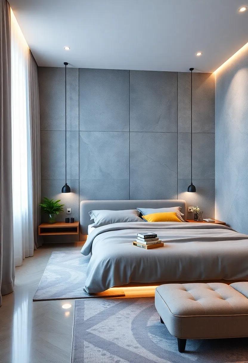 Futuristic Features:‍ Step into a cutting-edge bedroom showcasing smart floating nightstands that integrate wireless charging ‌and‌ LED⁣ lighting for modern ⁢convenience