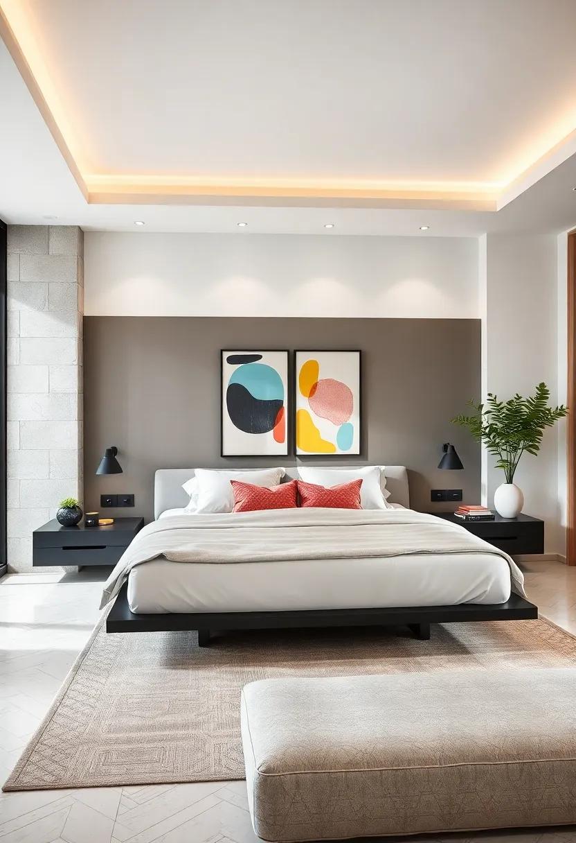 Geometric glam: get inspired by sharp lines and geometric shapes,⁤ where black floating nightstands perfectly contrast with a bright, contemporary bedroom filled with bold art