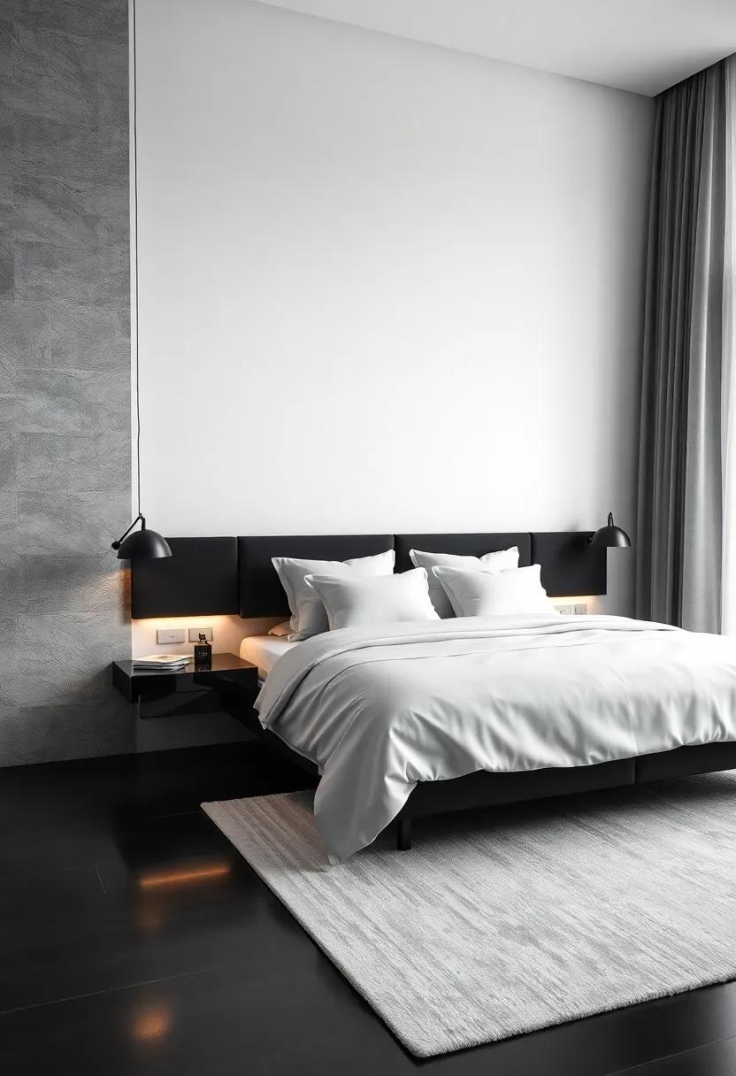 Monochrome Magic: Delve into a striking black-and-white theme where glossy floating nightstands enhance a dramatic room, turning simplicity into statement pieces