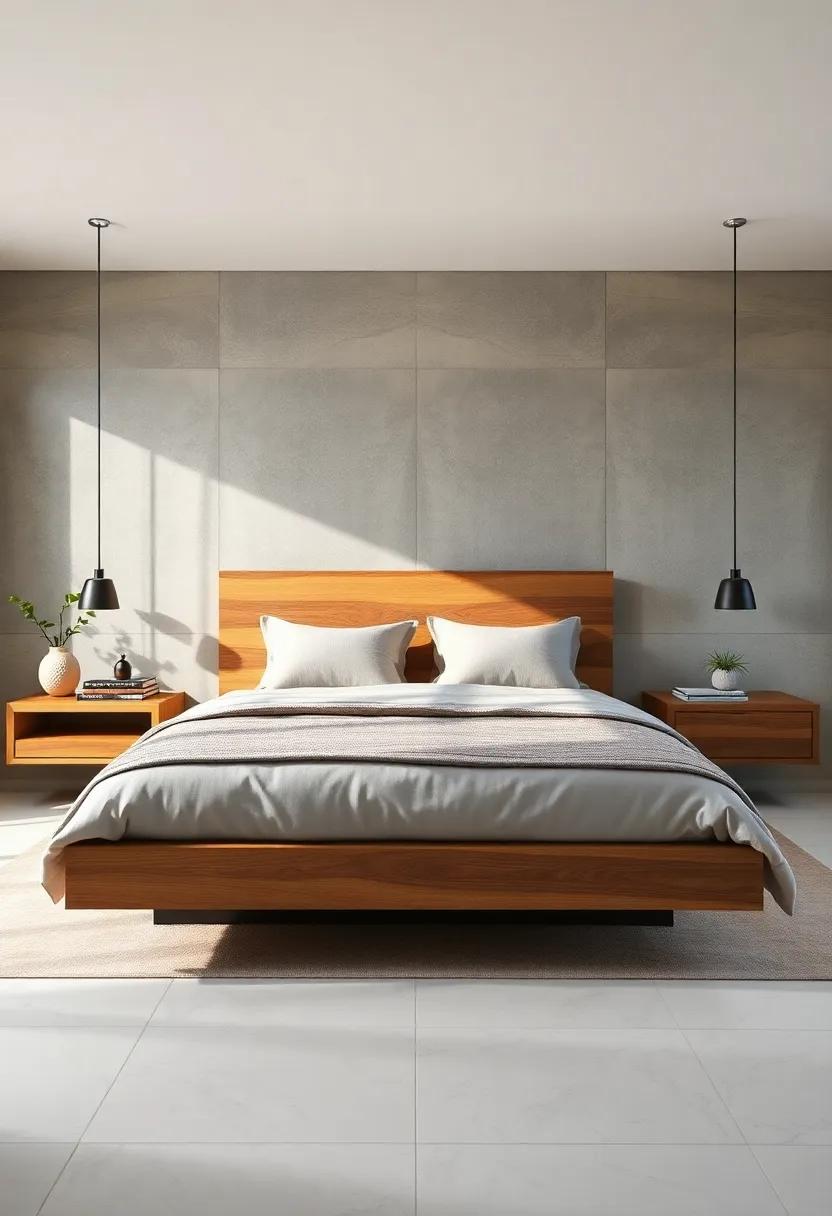 Natural‍ Wood Accents: Explore a cozy design featuring warm oak floating ​nightstands that complement a rustic wooden headboard,adding a touch of nature to modern aesthetics