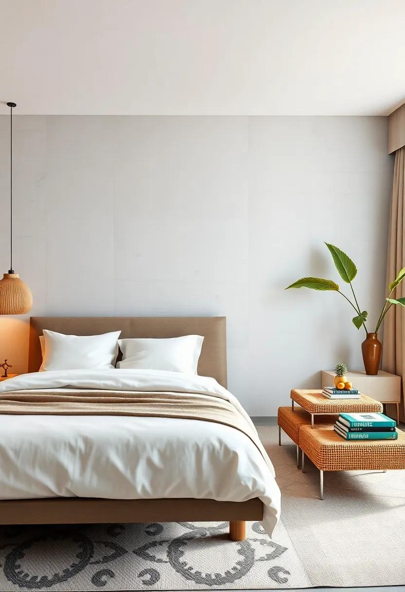 Textured ​Perfection: Celebrate texture with floating nightstands⁣ made of woven rattan, adding depth and a natural warmth to a beautifully designed tropical-inspired⁣ bedroom