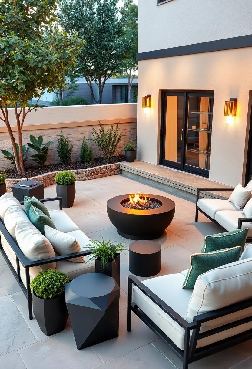 Modern Minimalism: Opt for sleek, ‌low-profile seating in neutral tones that‌ harmonizes‍ with‌ a built-in fire⁢ pit,⁤ adding​ geometric planters for ⁤an⁤ added‌ touch of elegance