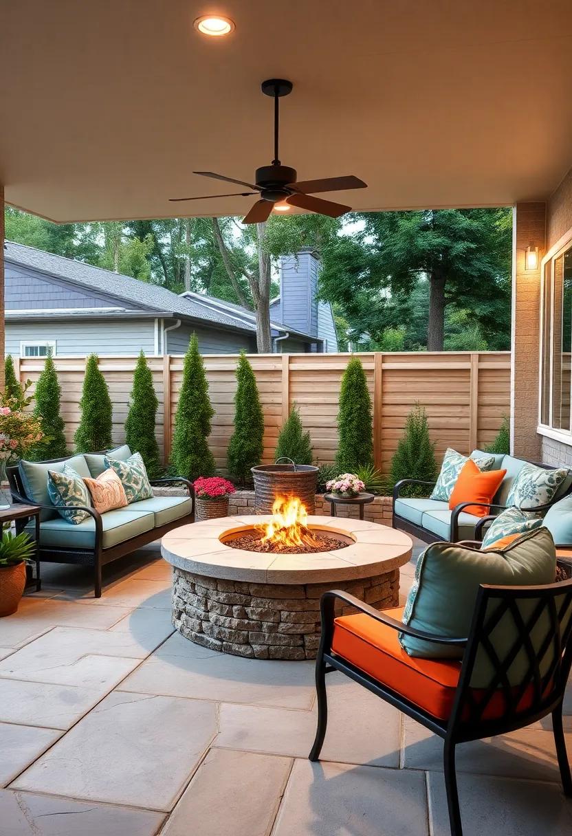 Safety‌ First: ⁤Design a family-friendly patio with a fire pit surrounded by a ​secure railing,⁣ paired ‍with comfy, colorful seating ‌for worry-free relaxation