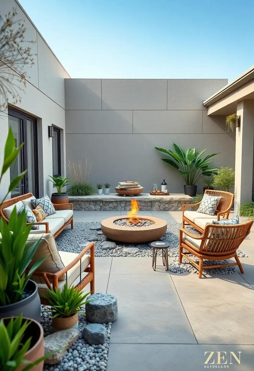 Zenith ‍of Zen: Create a soothing space with⁣ a‍ fire pit nestled among rocks and​ gravel, ‌surrounded ​by ‍bamboo seating, for a calming meditation⁣ area