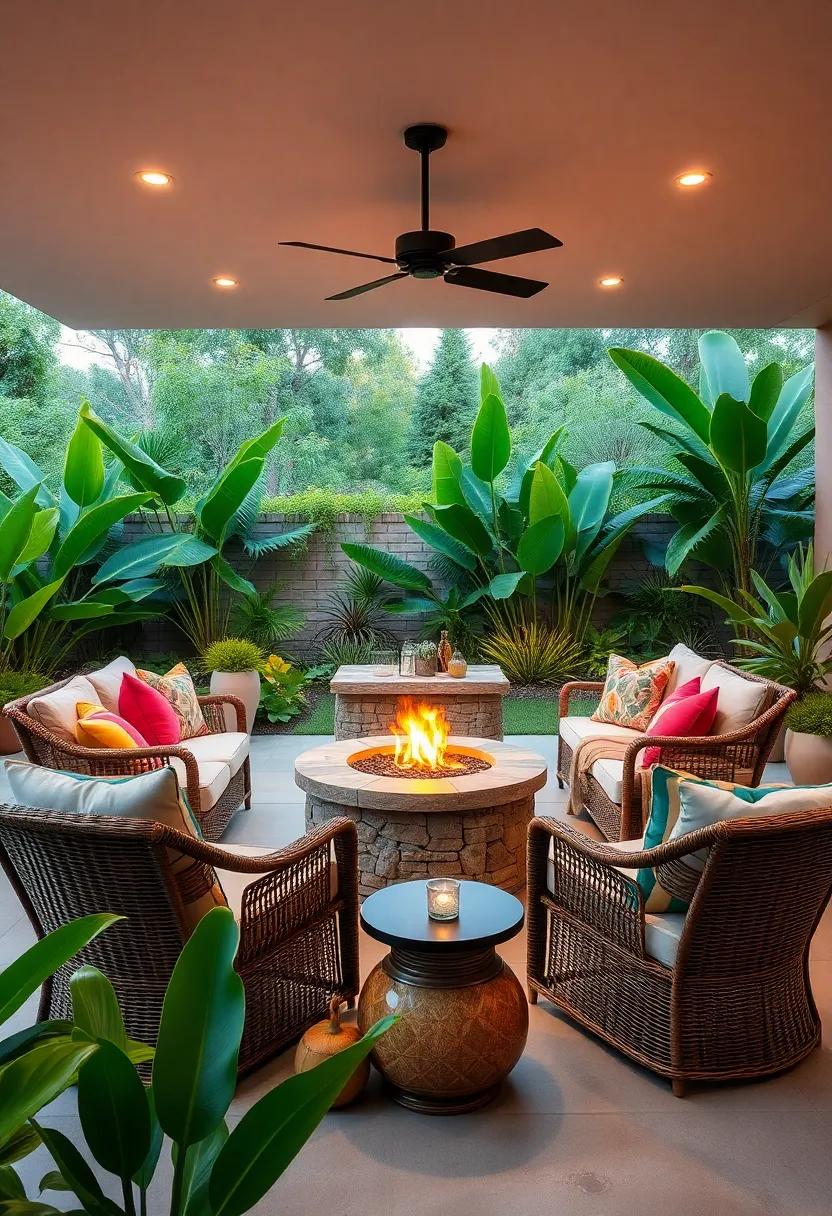 Tropical Paradise: Gather around a fire pit in a ⁤lush​ garden setting, featuring rattan lounge ​chairs and ⁣vibrant throw pillows that reflect a ⁤tropical vibe