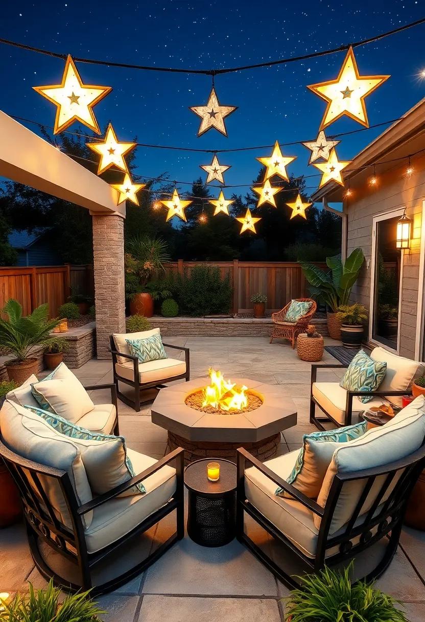 Celestial Escape: Build a starry ambiance with comfortable ‍seating around a ⁢modern fire pit, enhancing the experience ‌with painted wooden‍ stars⁢ hung‍ overhead