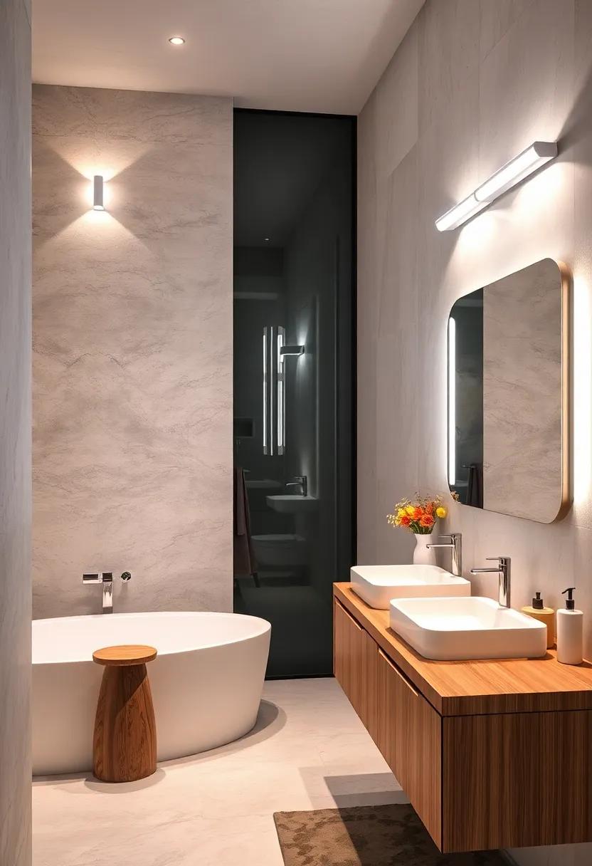 Sleek LED Innovations: Incorporate energy-efficient LED sconces with modern designs that blend seamlessly into your contemporary bathroom