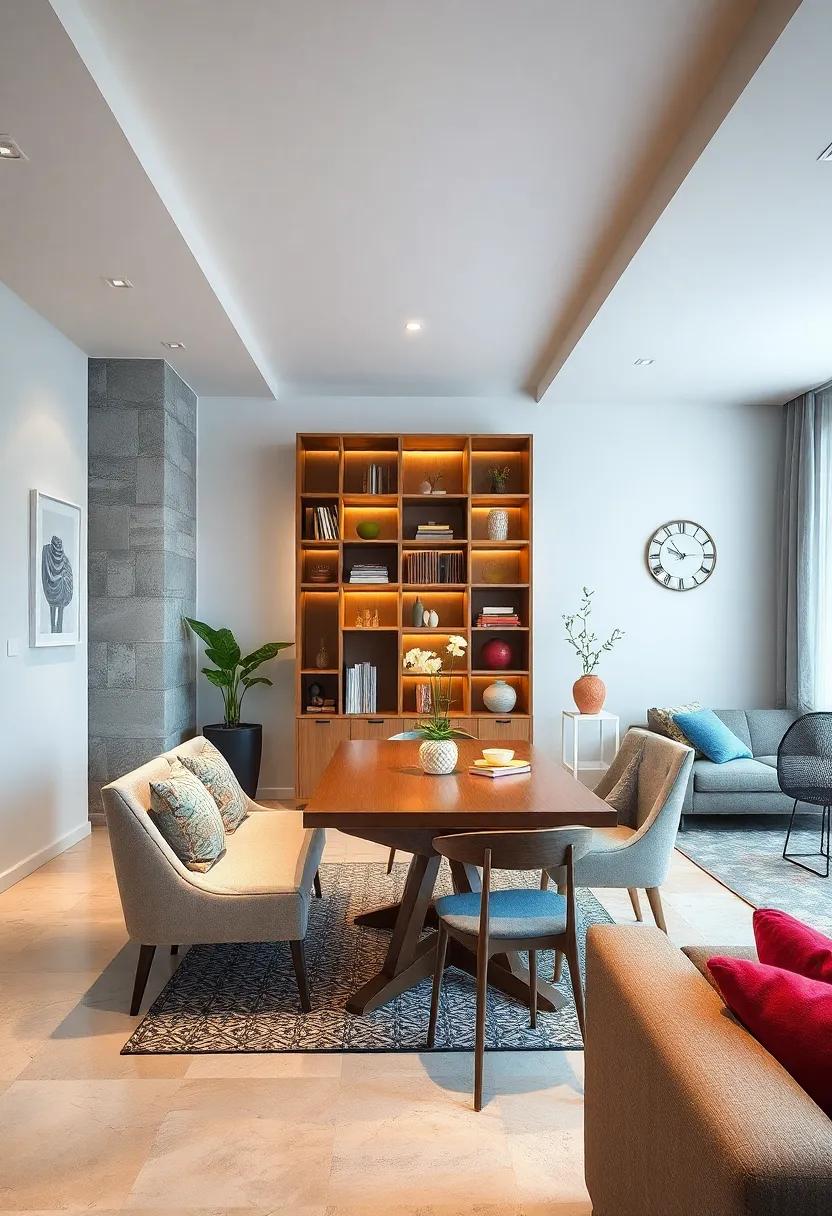 Use a decorative room divider, like a bookshelf, to separate the dining ⁣area from the living space while adding⁤ storage