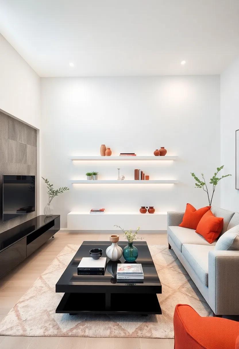 Modern Minimalism: Sleek white floating⁣ shelves ​paired with⁤ a glossy black media console create a chic, contemporary vibe that enhances ⁢any living room⁣ decor